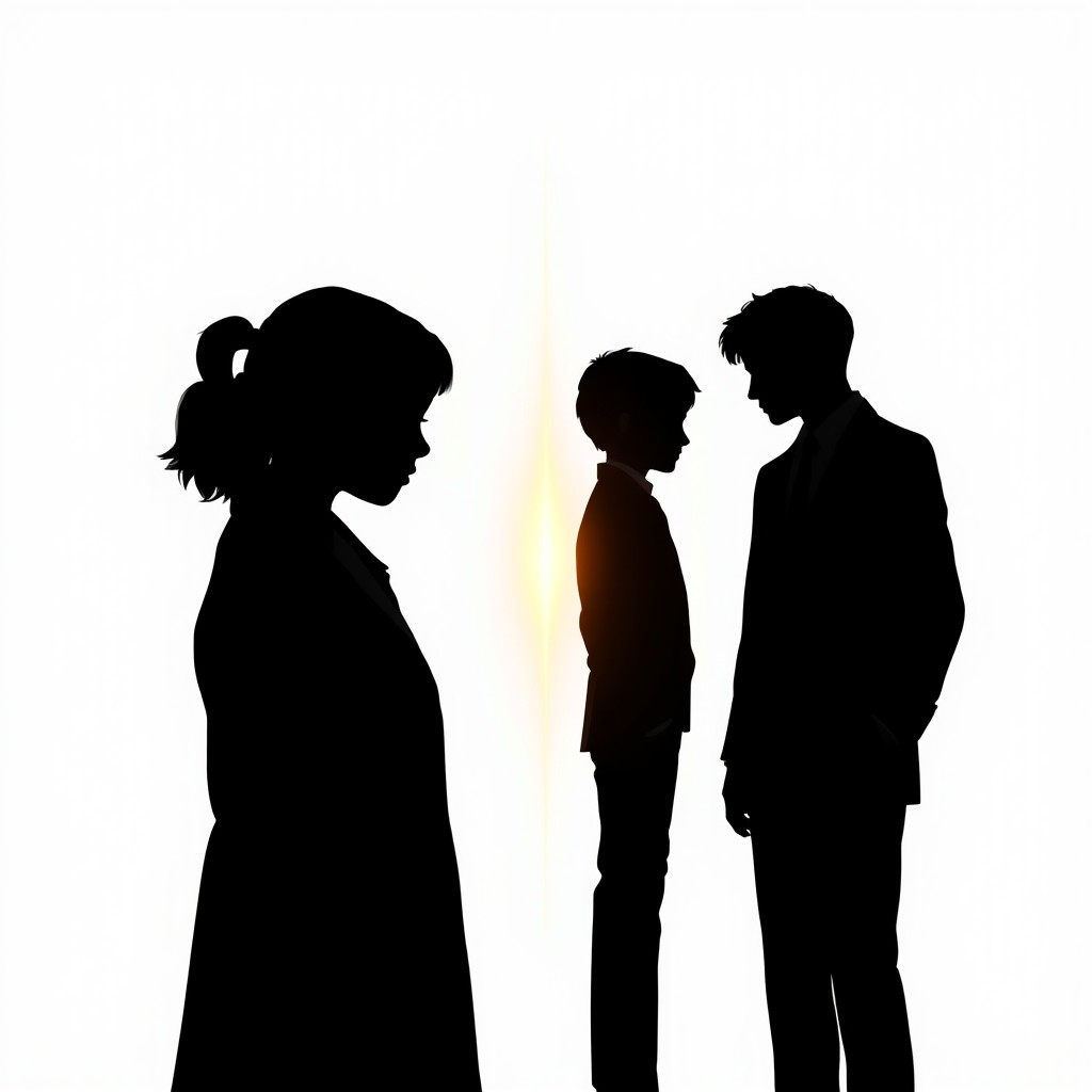 A silhouette of a girl appears prominently in front, slightly profile, with an expression reflecting guilt and nostalgia