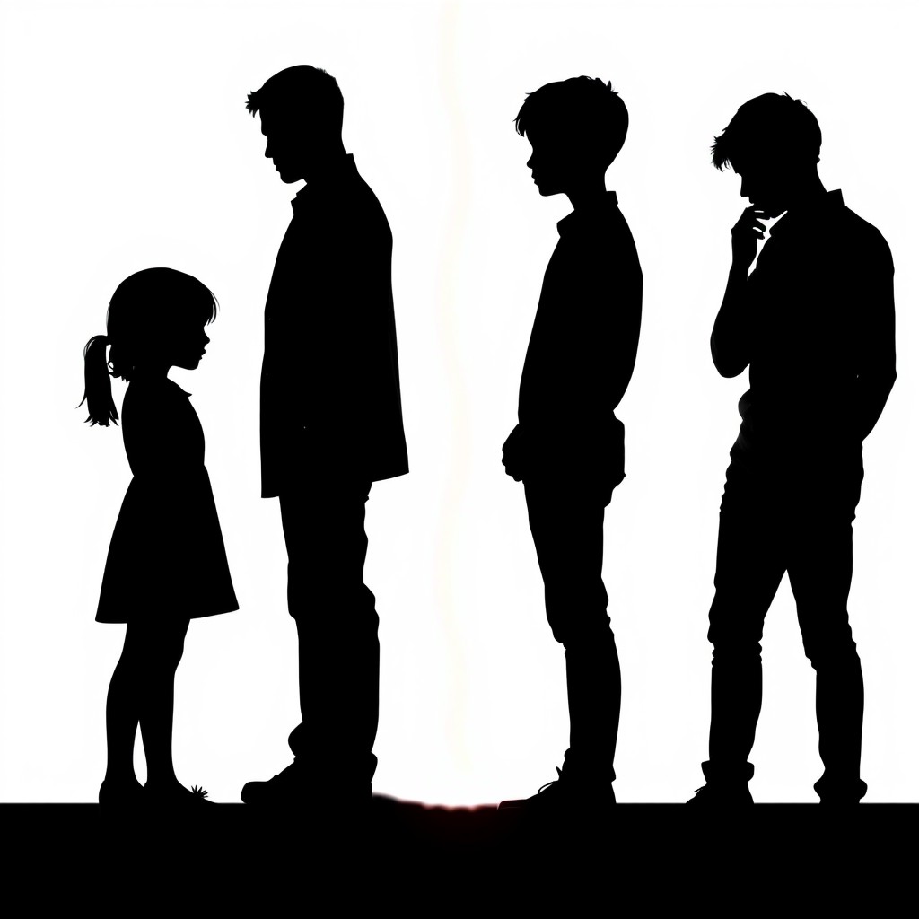 A silhouette of a girl appears prominently in front, slightly profile, with an expression of guilt and nostalgia