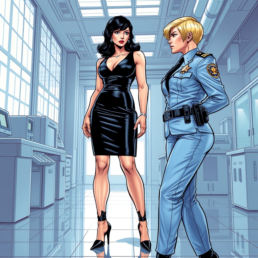 In a romance comic book art style, a wealthy woman with jet-black hair styled elegantly, showcasing an hourglass figure, is dressed in a shiny black V-neck dress that emphasizes her sophistication