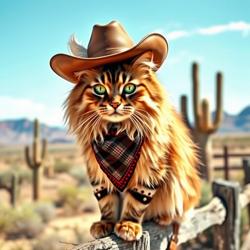 A majestic Maine Coon cat dressed as a cowboy, complete with a classic brown leather cowboy hat and a bandana around its neck