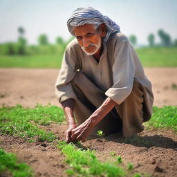 A resilient Pakistani villager tilling verdant fields under the warm sunlight, determination in their eyes, representing their hard work for their children's brighter futures.