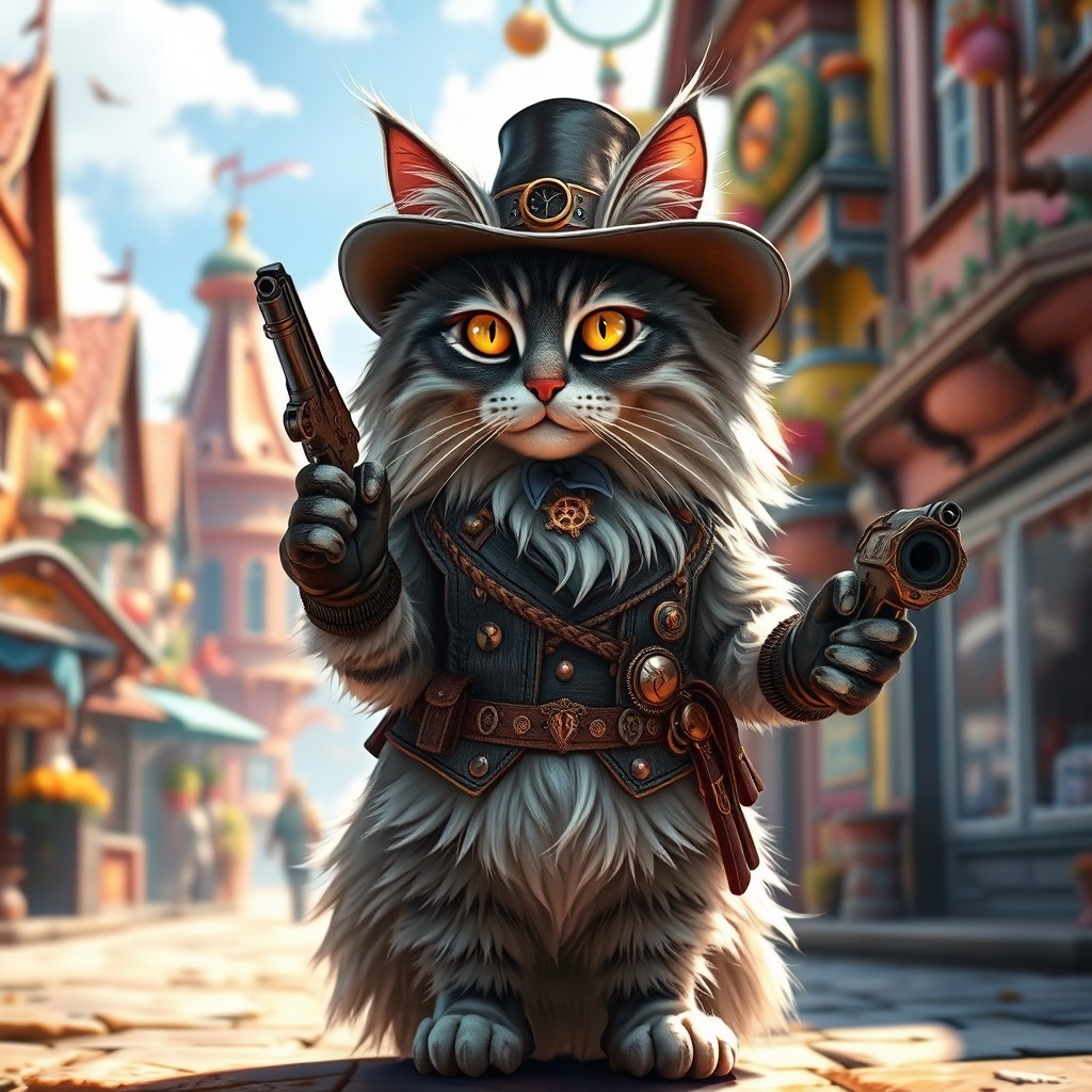 An anthropomorphic Maine Coon cat as a fantasy gunslinger, standing confidently with an intricate, steampunk-inspired outfit