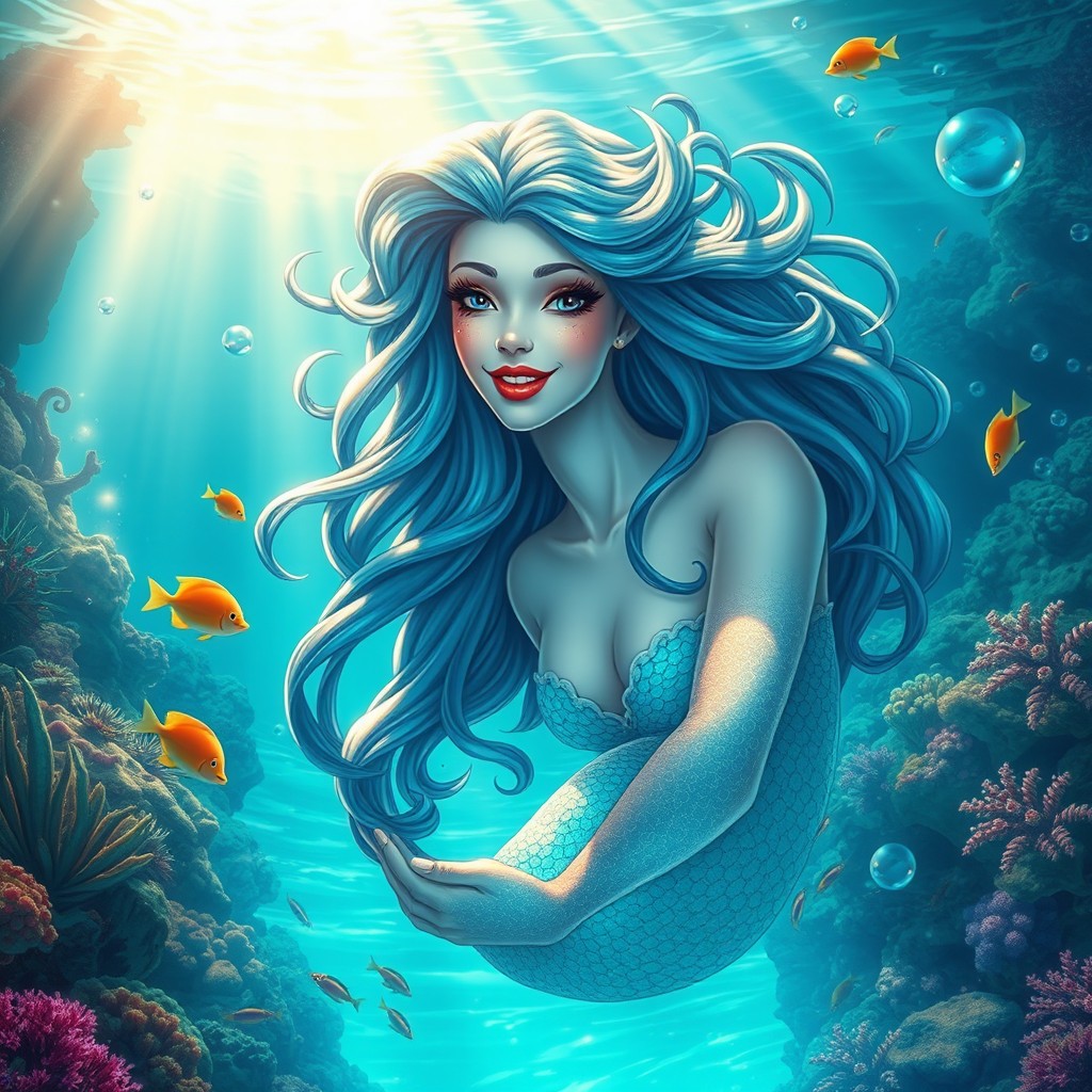 A beautiful, enchanting siren emerging from crystal-clear turquoise waters, surrounded by vibrant coral reefs and colorful fish