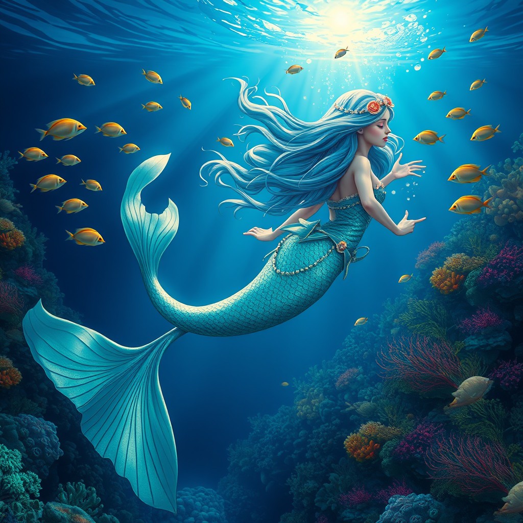 A mesmerizing mermaid gracefully swimming in the deep blue sea, her intricate tail shimmering with iridescent hues of green and blue