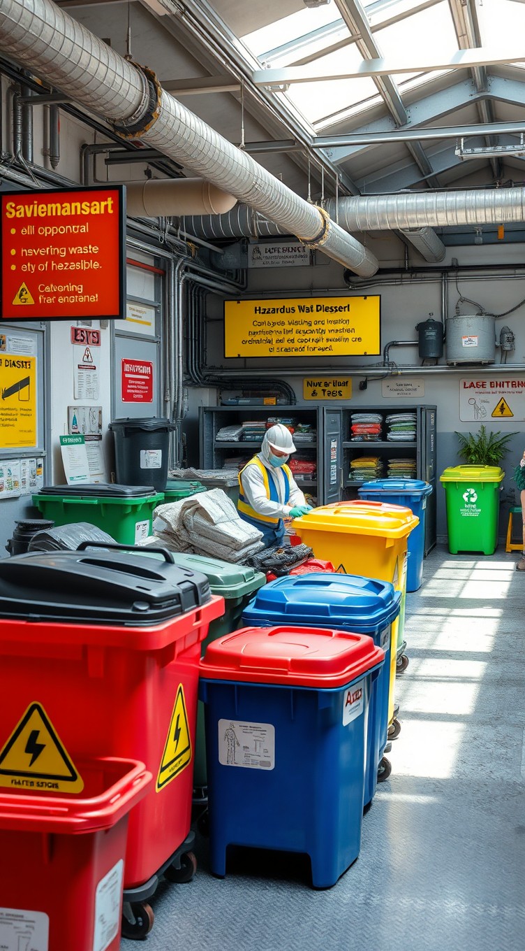 A detailed and informative scene depicting environmental management of hazardous waste
