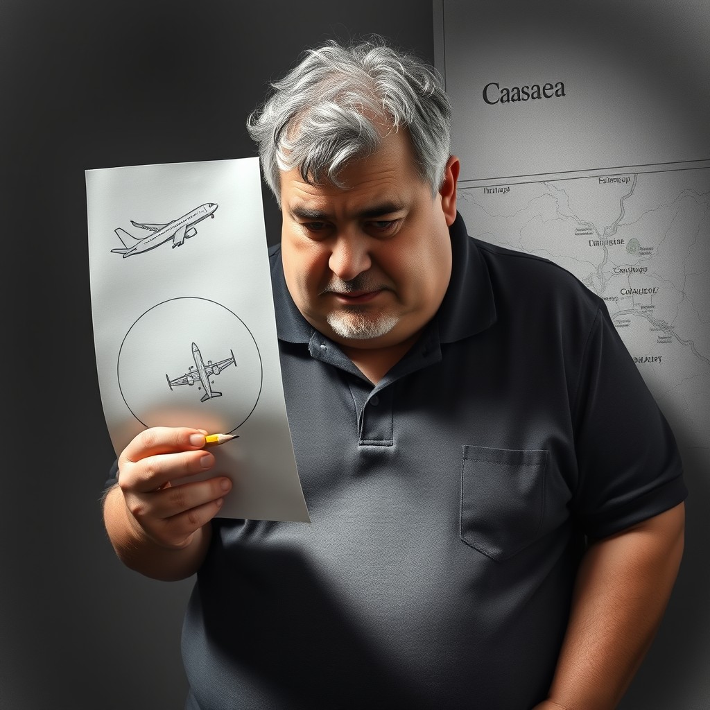 A short, fat, middle-aged man with thinning gray, curly hair and a small goatee, dressed in a polo shirt, anxiously draws a circle on a piece of paper using graphite