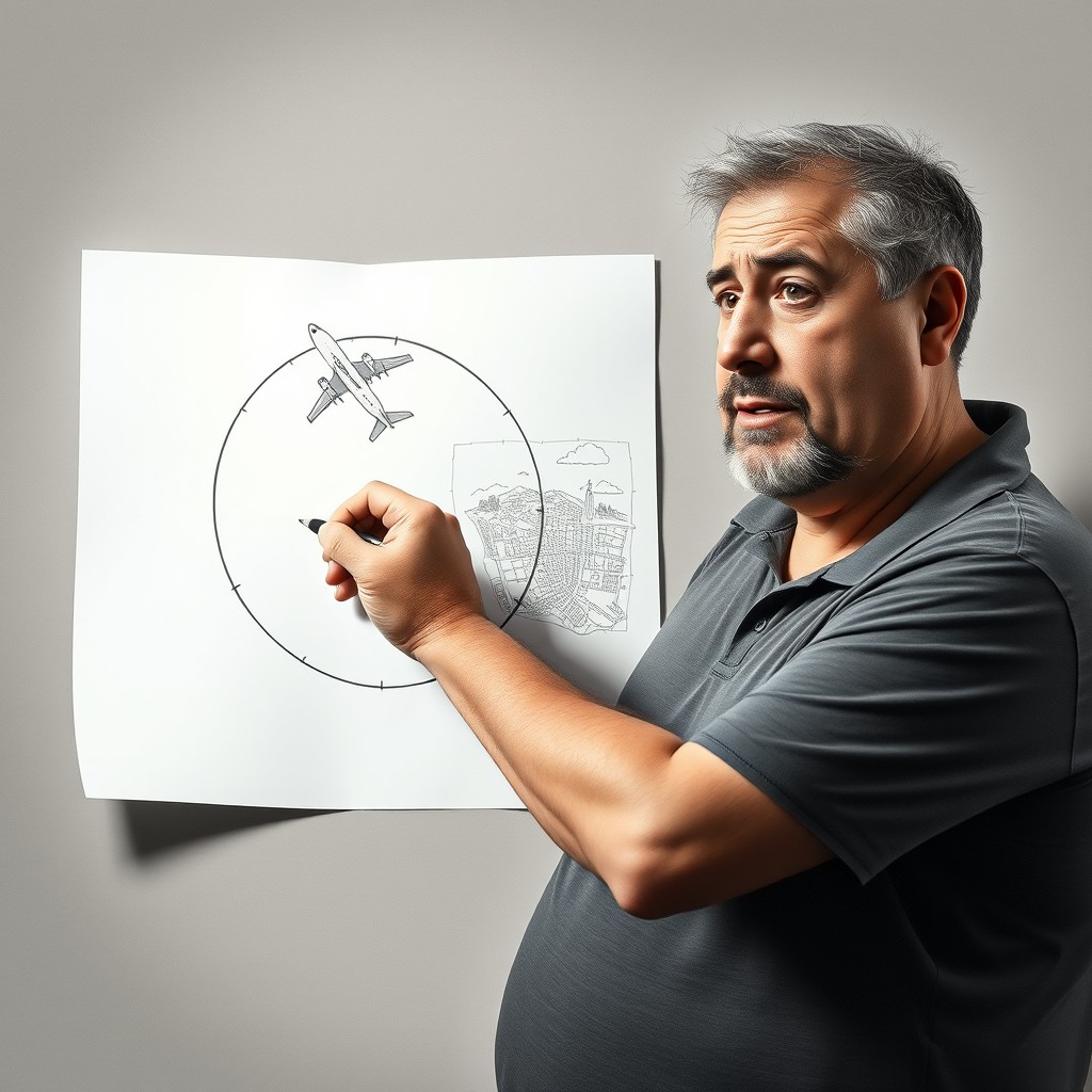 A short, fat, middle-aged man with balding, thinning gray, curly hair and a small goatee, dressed in a polo shirt, anxiously draws a circle on a piece of paper with graphite