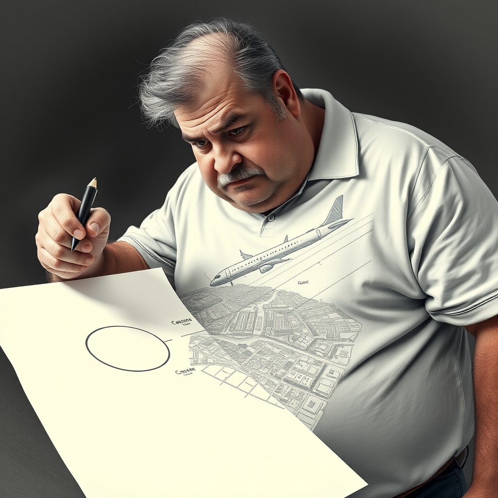 A short, fat, middle-aged man with balding thinning gray, curly hair and a small goatee, dressed in a polo shirt, anxiously draws a circle on a piece of paper with graphite