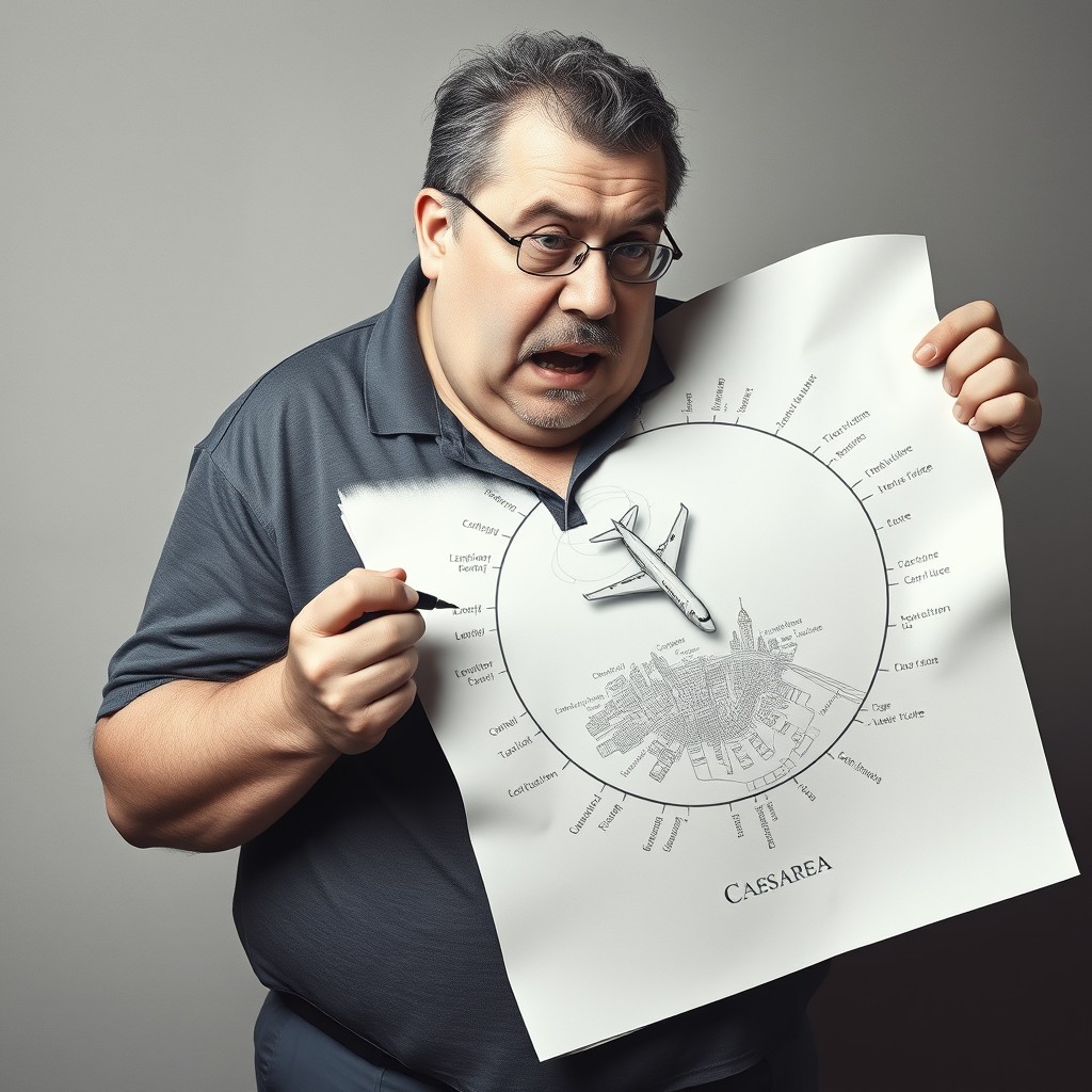 A short, fat, middle-aged man with balding, thinning gray, curly hair and a small goatee, wearing a polo shirt, anxiously draws a circle on a piece of paper with graphite