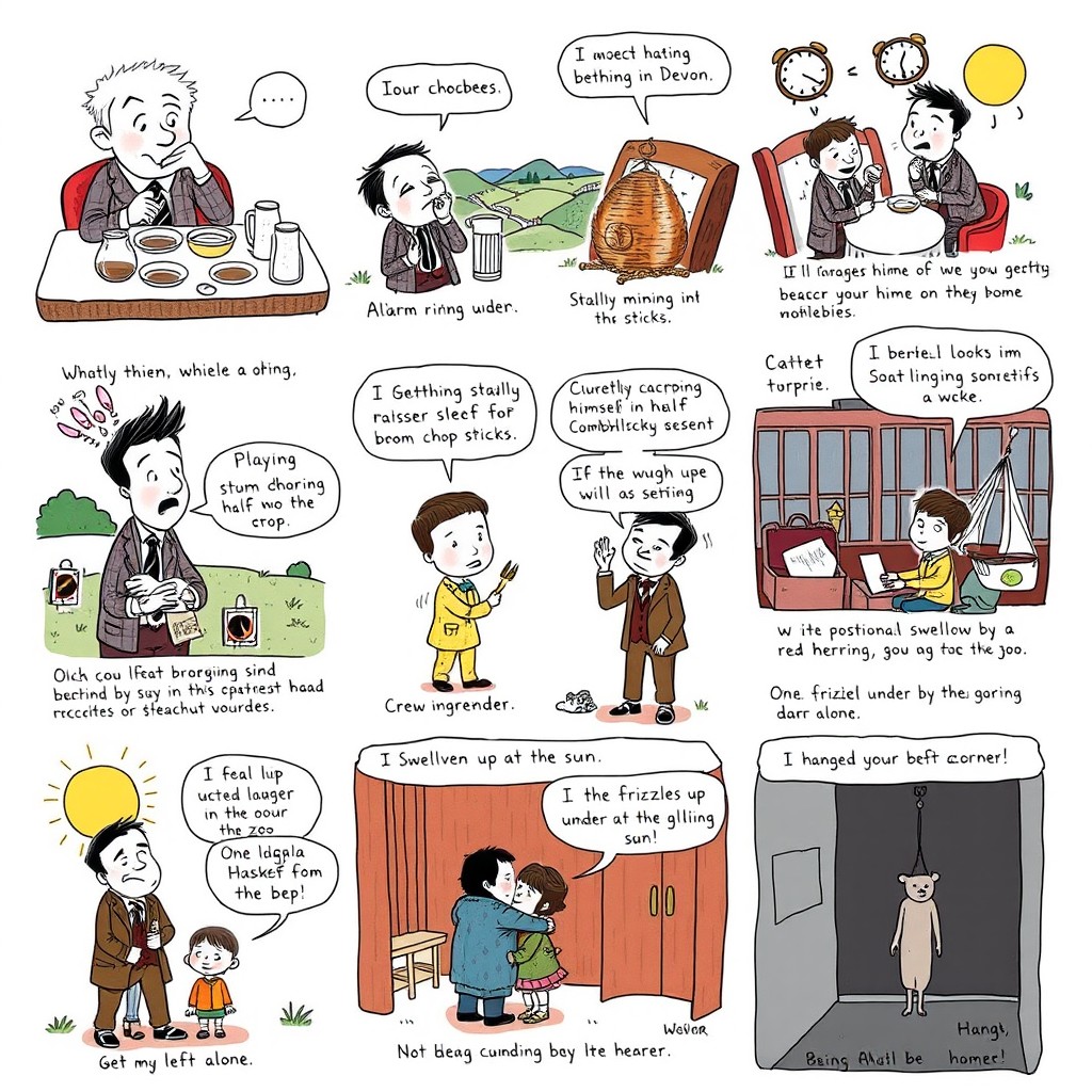 A whimsical and darkly humorous illustration depicting a series of unfortunate events involving various characters, each showcasing a quirky mishap