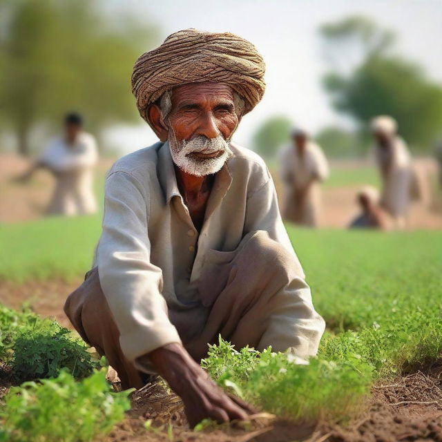 A resilient Pakistani villager tilling verdant fields under the warm sunlight, determination in their eyes, representing their hard work for their children's brighter futures.