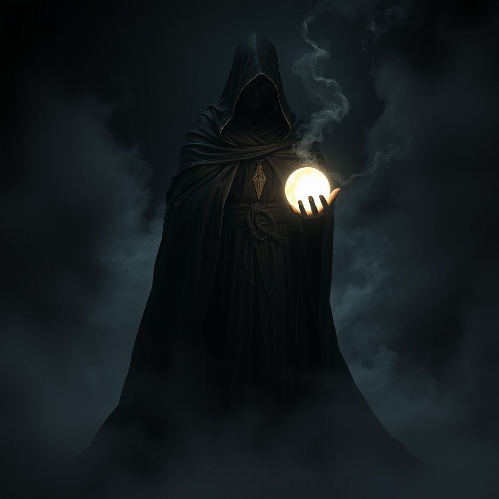 A mystical and enigmatic figure representing 'Mater Tenebrarum', shrouded in dark flowing robes that blend into the shadows of a dimly lit environment