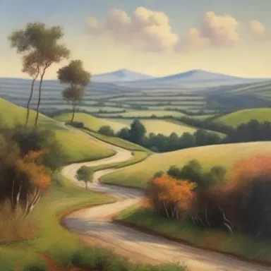 The artist painted a beautiful landscape featuring a winding road with a widening in the distance.