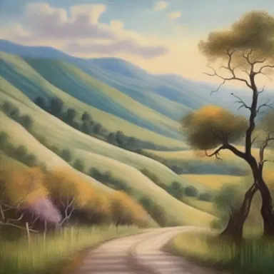 The artist painted a beautiful landscape featuring a winding road with a widening in the distance.