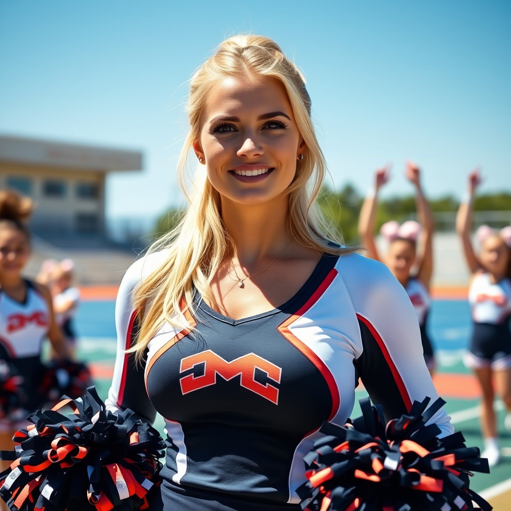 A beautiful blonde cheerleading coach, exuding confidence and charisma