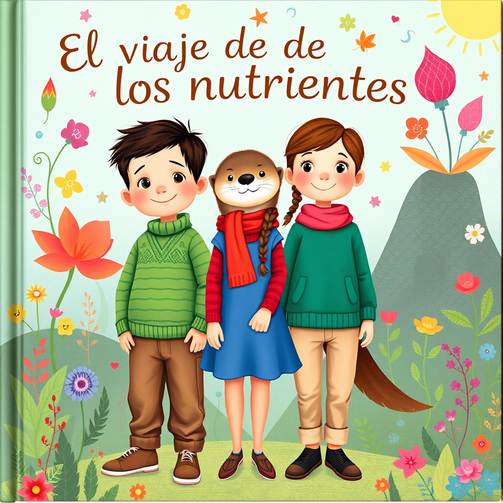 A charming children's book cover titled "El viaje de los nutrientes" featuring a boy wearing a green sweater and brown pants, alongside a girl in a blue dress and a red long-sleeve t-shirt underneath
