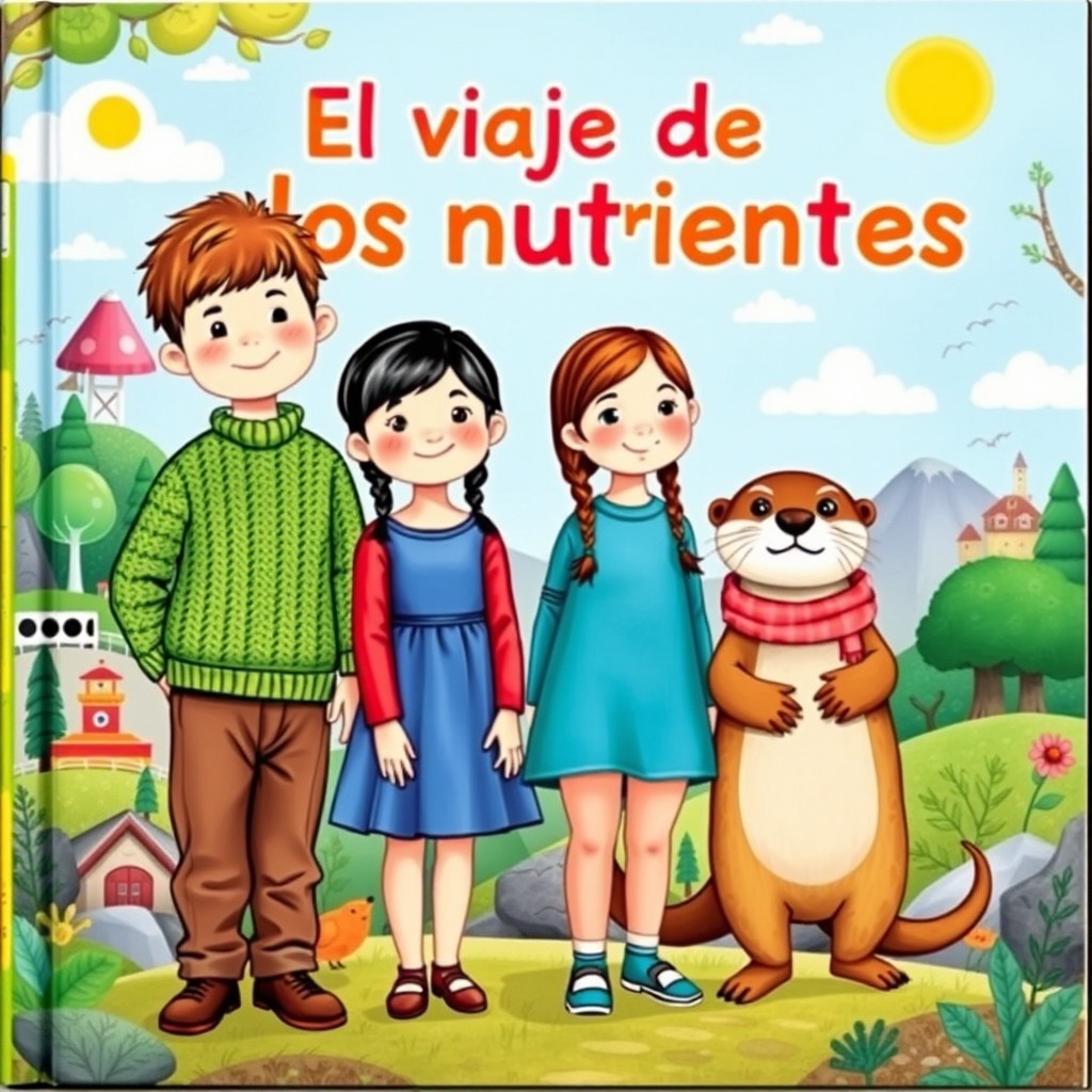 A whimsical children's book cover titled "El viaje de los nutrientes" featuring a boy dressed in a green sweater and brown pants