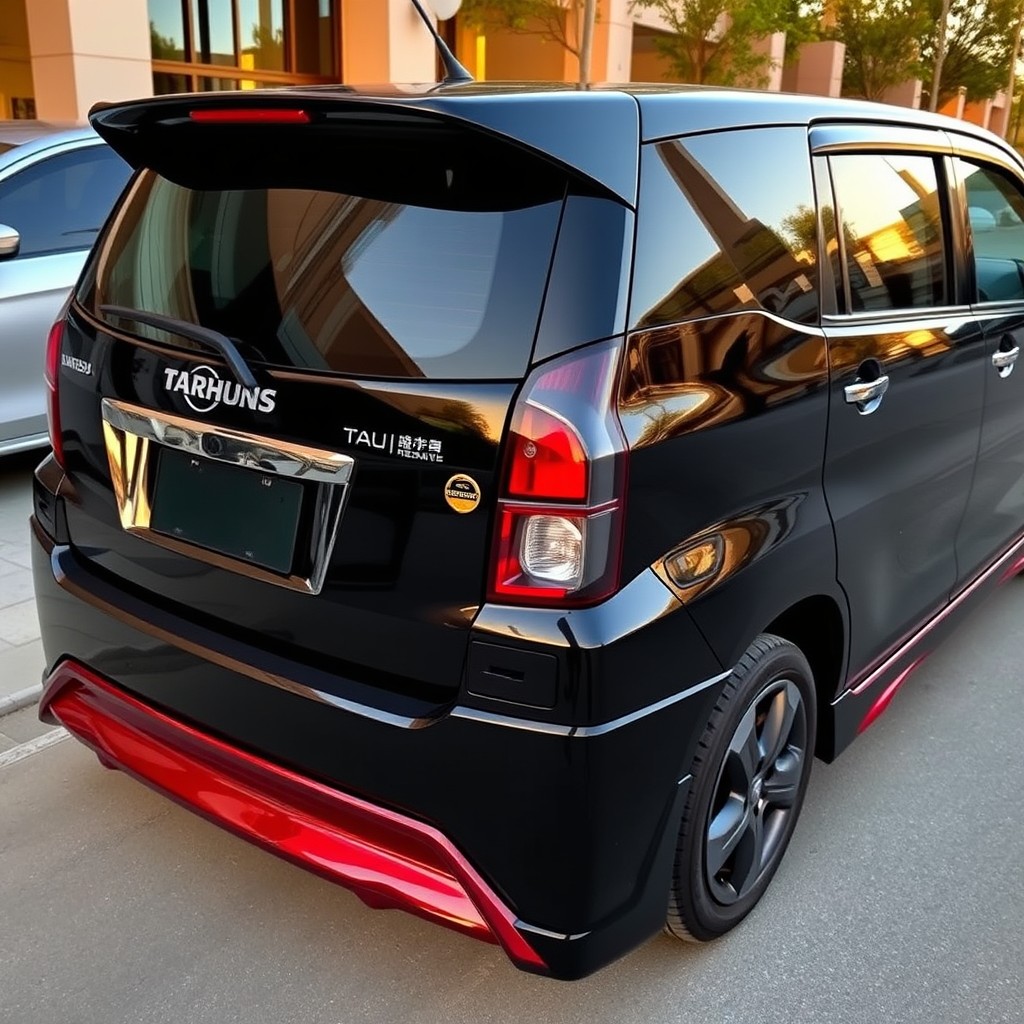 A sleek Daihatsu Taruna car featuring a glossy black exterior with shiny maroon-red accents at the bottom