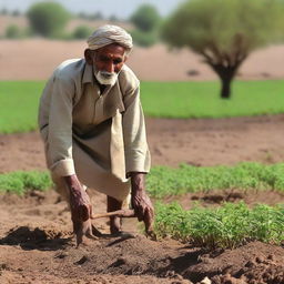 A resilient Pakistani villager tilling verdant fields under the warm sunlight, determination in their eyes, representing their hard work for their children's brighter futures.