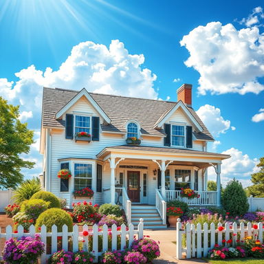 A charming and inviting two-story house with a picturesque front garden filled with colorful flowers