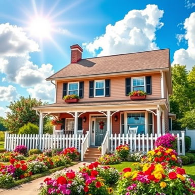 A charming and inviting two-story house with a picturesque front garden filled with colorful flowers
