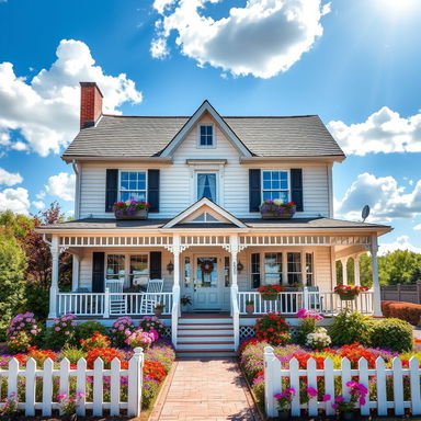 A charming and inviting two-story house with a picturesque front garden filled with colorful flowers