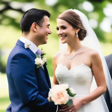As she walked down the aisle, the widening smile on the bride's face showed her deep love for the groom.