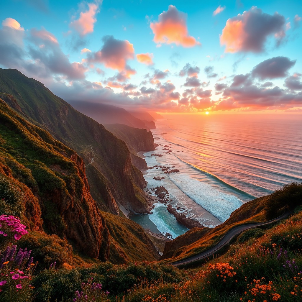 A breathtaking view of the Big Sur coastline, featuring dramatic cliffs and vibrant turquoise ocean waves crashing against the rocks