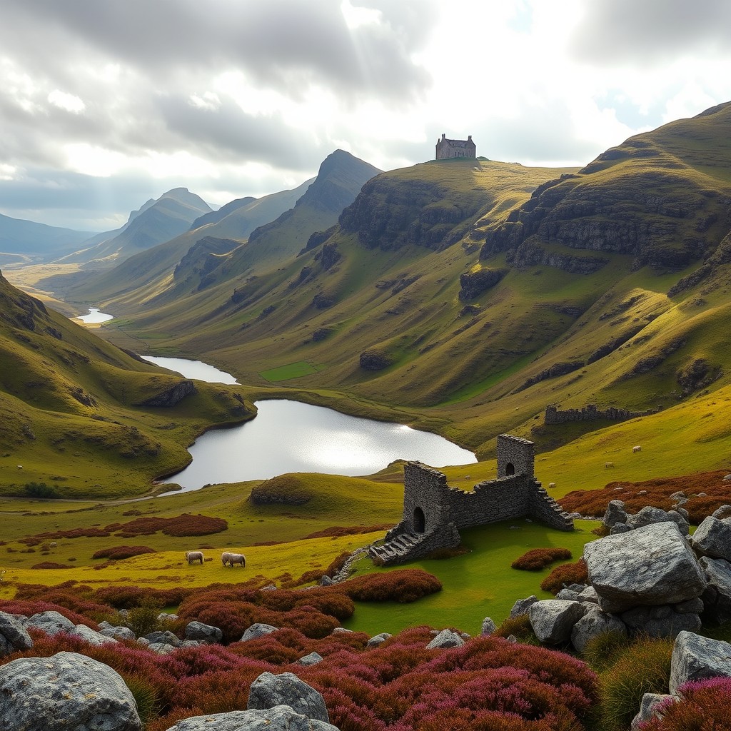 A stunning panorama of the Scottish Highlands, showcasing rugged mountains with steep, craggy peaks and green valleys dotted with wild heather