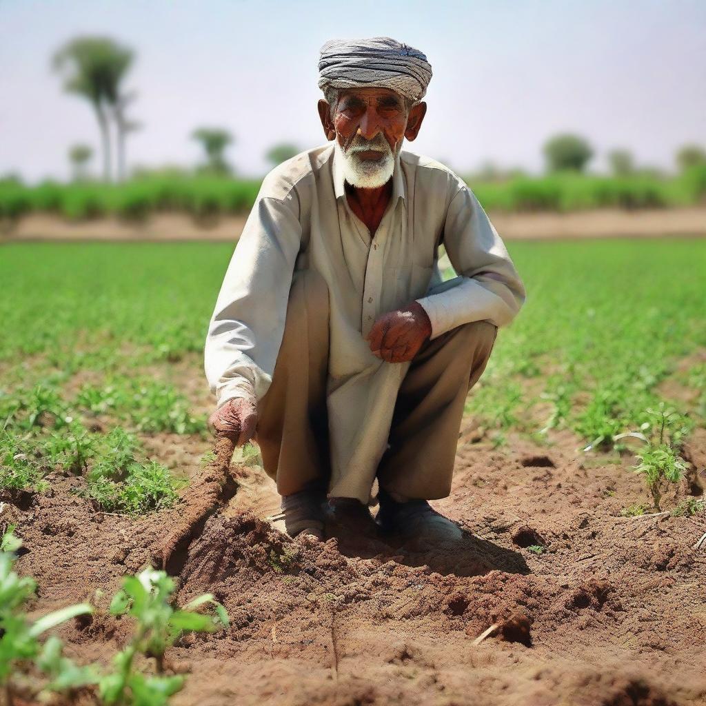 A resilient Pakistani villager tilling verdant fields under the warm sunlight, determination in their eyes, representing their hard work for their children's brighter futures.