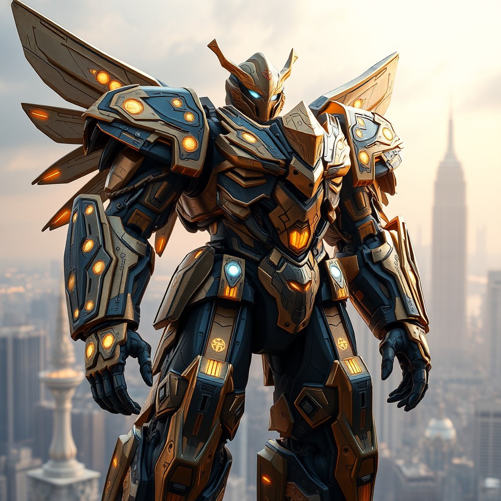 A formidable futuristic mech suit inspired by Reinhardt, featuring a robust, armored exterior with intricate designs that radiate strength and power