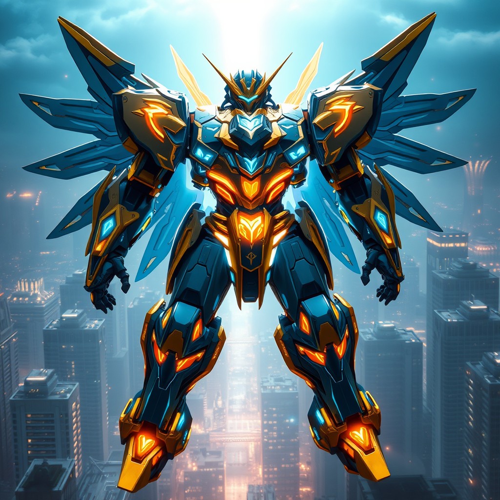 A futuristic mech suit inspired by designs like Reinhardt's, featuring an imposing, armored exterior with intricate glowing patterns, symbolizing holy spirit powers