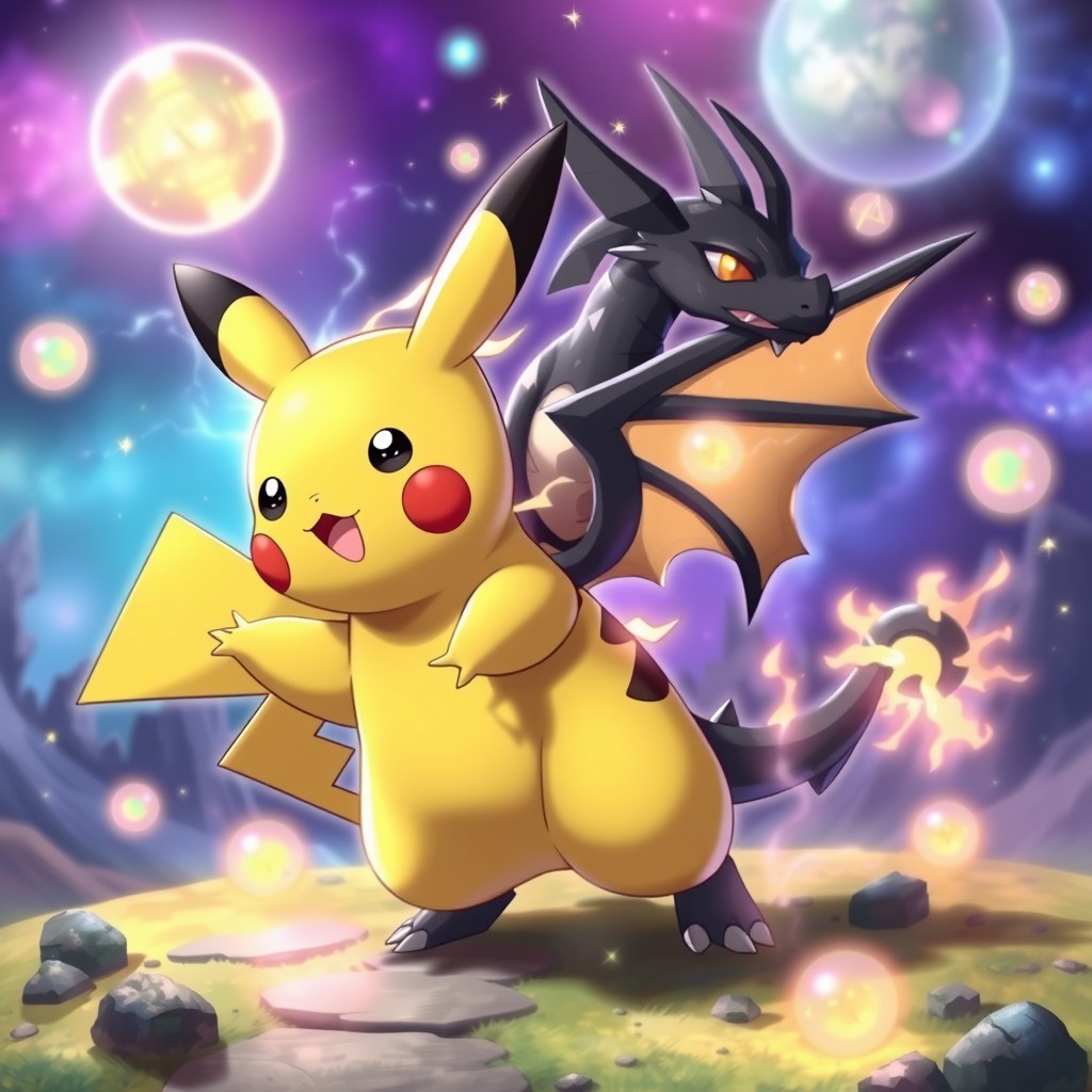 A fantastical blend of Pikachu and Eternatus, featuring Pikachu's playful, cute features, such as its chubby cheeks and electric tail, combined with Eternatus's sleek, dragon-like body, dark color scheme, and ethereal energy emanating from its form