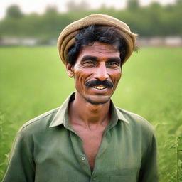 A young father in Pakistan, strength evident in his weathered features, tirelessly working in verdant fields under the soft glow of the afternoon sun, symbolizing his efforts for his children's brighter futures.