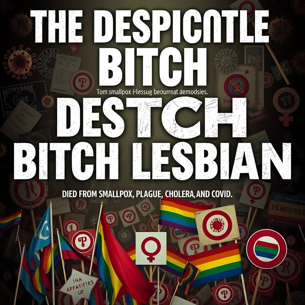 A film poster for a satirical movie titled 'The Despicable Bitch Lesbian Died from Smallpox, Plague, Cholera, and COVID'