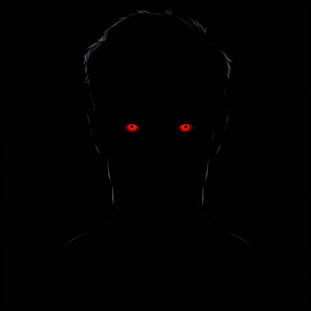 An intense image featuring a black background, with a black silhouette of a man's head, neck, and shoulders prominently displayed