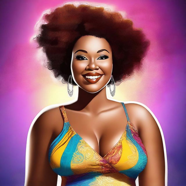 This digital art depicts a radiant, young African American woman with a plus-sized figure