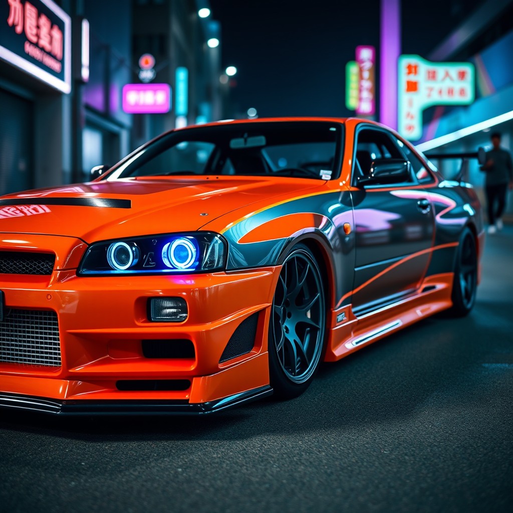 A Nissan Skyline R34, featuring a vibrant orange and black color scheme, showcasing a sleek design with sharp lines and an aggressive stance