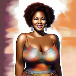 This digital art depicts a radiant, young African American woman with a plus-sized figure