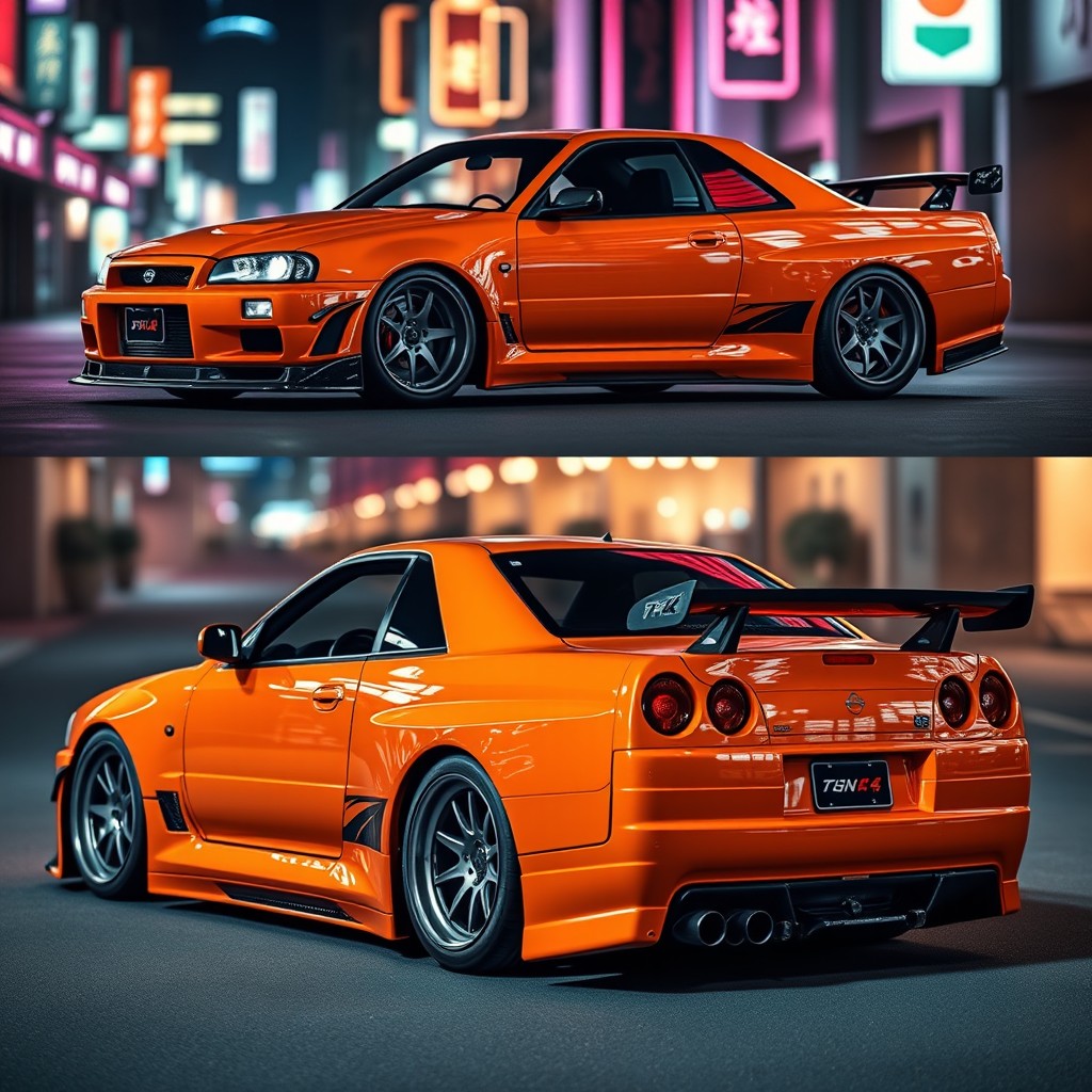 A Nissan Skyline R34, showcasing a striking orange and black color scheme, depicted from multiple angles to highlight its fierce design and tuning modifications