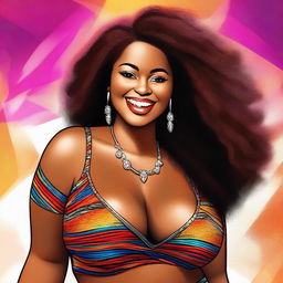 This digital art depicts a radiant, young African American woman with a plus-sized figure