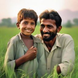 A young father in Pakistan, strength evident in his weathered features, tirelessly working in verdant fields under the soft glow of the afternoon sun, symbolizing his efforts for his children's brighter futures.