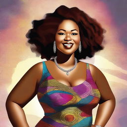 This digital art depicts a radiant, young African American woman with a plus-sized figure