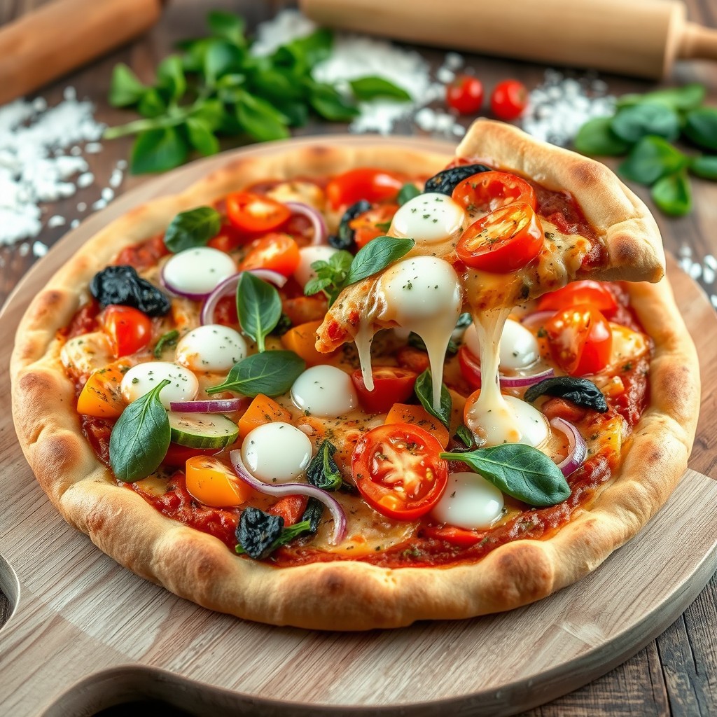 A delicious whole wheat crust vegetable pizza topped with colorful and fresh vegetables including bell peppers, onions, tomatoes, and spinach, with melted mozzarella and a sprinkle of herbs