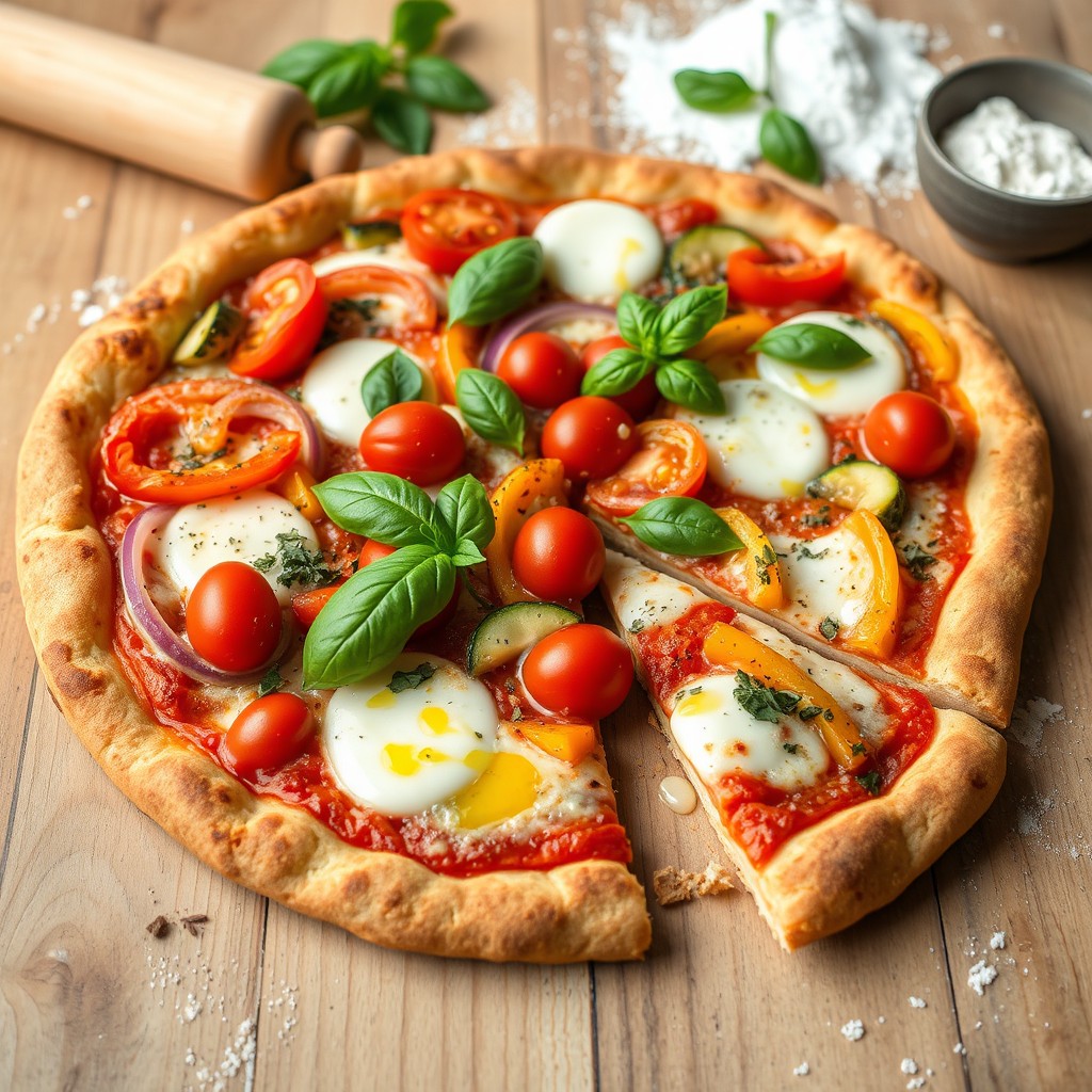 A mouthwatering whole wheat crust vegetable pizza artfully topped with a variety of fresh vegetables such as red and yellow bell peppers, red onions, zucchini, cherry tomatoes, and a handful of fresh basil leaves