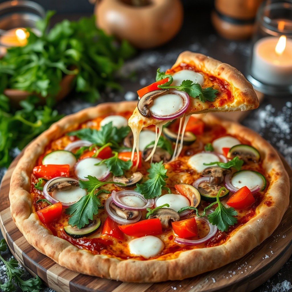 A vibrant whole wheat crust vegetable pizza, beautifully topped with an array of fresh vegetables such as bell peppers, red onions, mushrooms, zucchini, and arugula, all glistening with melted mozzarella cheese