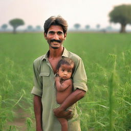 A young father in Pakistan, strength evident in his weathered features, tirelessly working in verdant fields under the soft glow of the afternoon sun, symbolizing his efforts for his children's brighter futures.