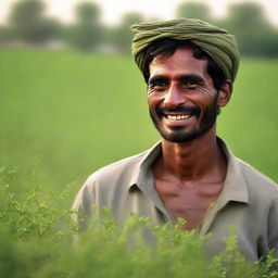 A young father in Pakistan, strength evident in his weathered features, tirelessly working in verdant fields under the soft glow of the afternoon sun, symbolizing his efforts for his children's brighter futures.