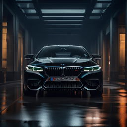 A captivating 8K resolution and 1080HP image of a new, luxurious BMW designed by Maybach. This vision incorporates a BMW M5 air vent in front, sharp exterior architecture and is set against the drama of a rain-soaked backdrop.