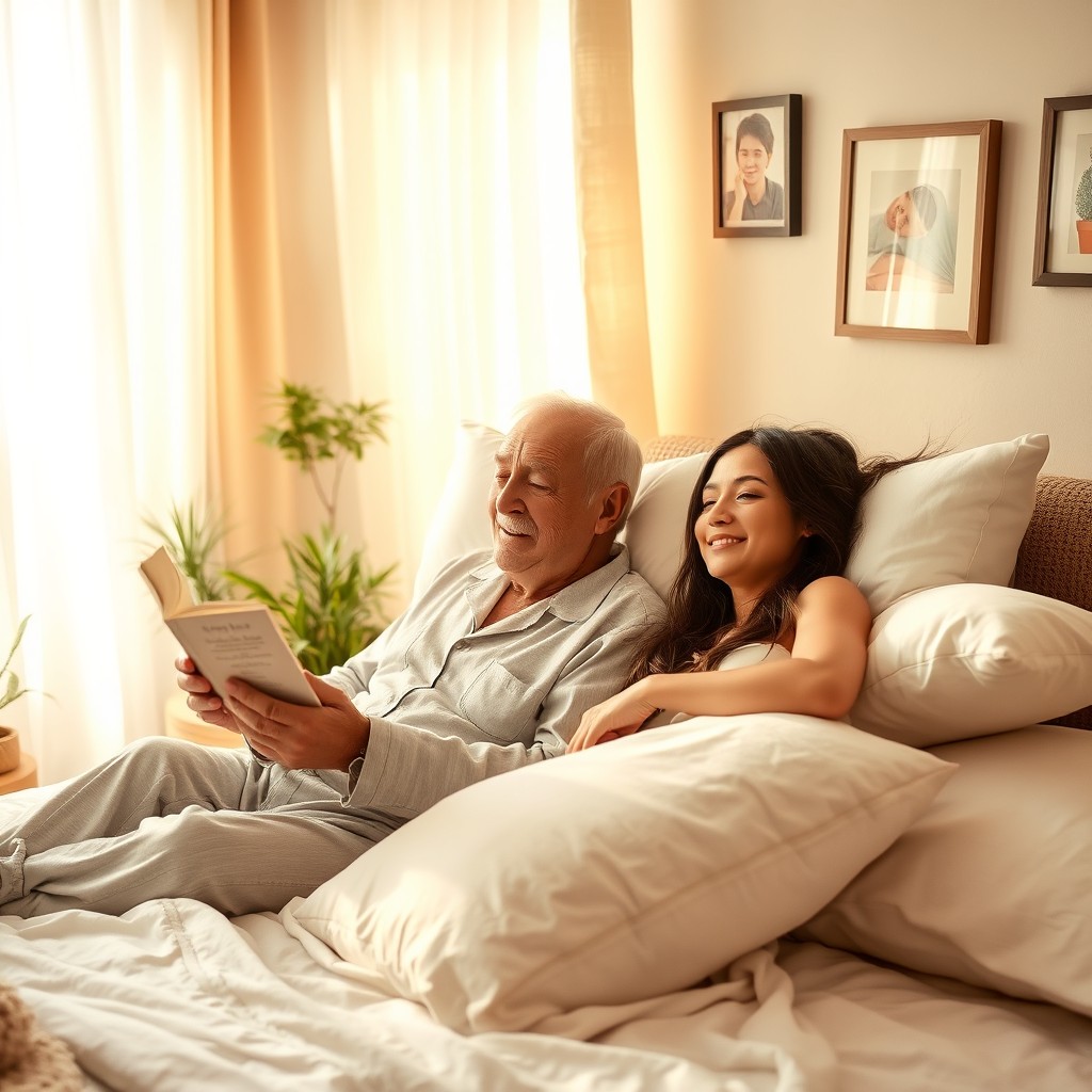 An elderly man and a young woman in a serene, cozy bedroom